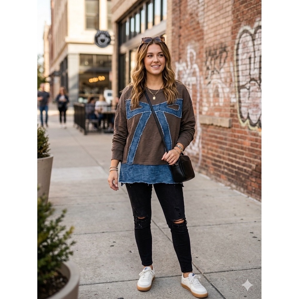 Blue Velvet Brown Cotton Denim Bow Applique Long Sleeve Top M